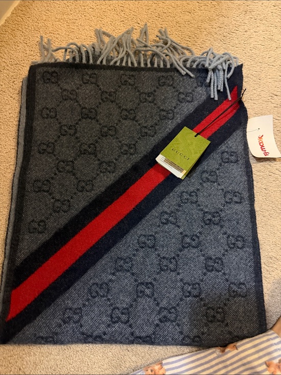 Gucci Accessories - Gucci Men's Gray Wool Scarf with Red & Navy Stripe